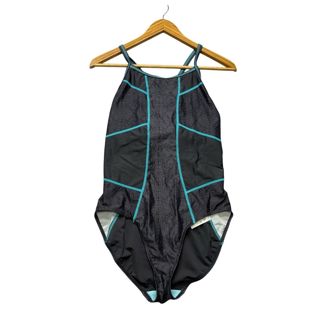 Athleta Womens Swimsuit Large Gray Blue One Piece Open Back Athletic Racerback